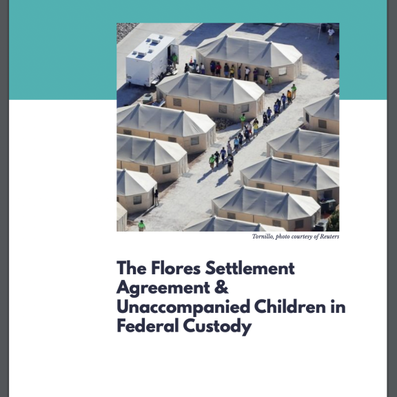 Report cover with title and authors. An image with detention center tents and a line of children