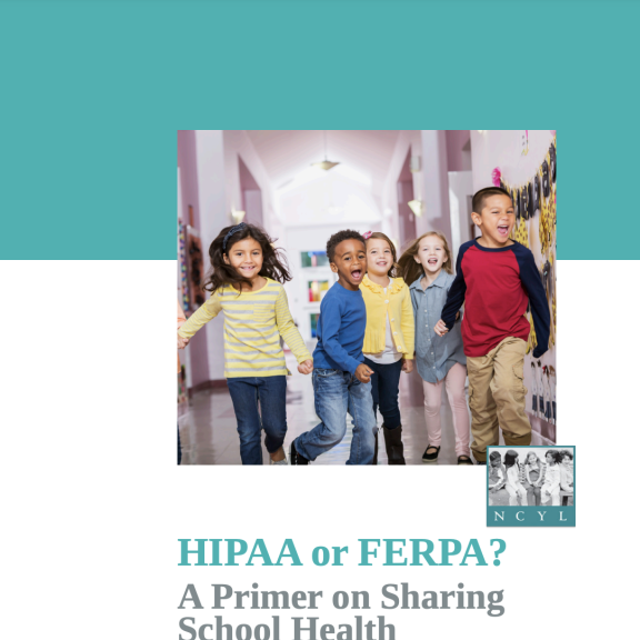 Report cover with photo of group of happy, diverse children running down a school hallway