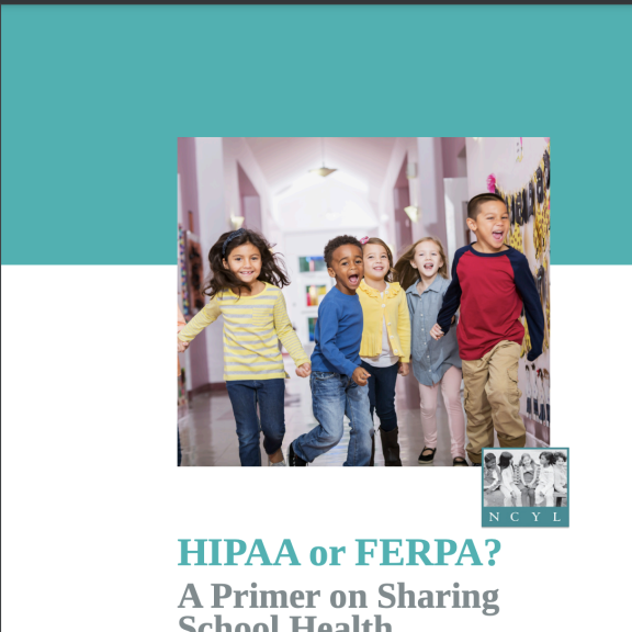 Report cover with photo of group of happy, diverse children running down a school hallway