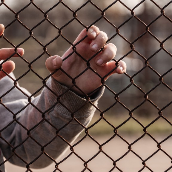 Child's hands holding fence