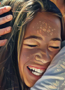 A close up of a young person's smiling face. They appear to be embraced in a hug