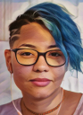 Close up of young person with eye glasses and short blue hair 