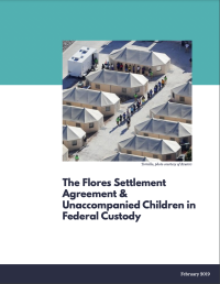 Report cover with title and authors. An image with detention center tents and a line of children