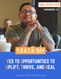 Young person sitting at a desk. "Yes to Opportunities to Uplift, Thrive, and Heal"
