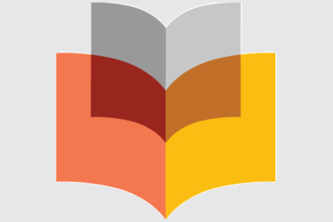 Logo with a small grey book shape overlapping a larger orange and yellow book shape