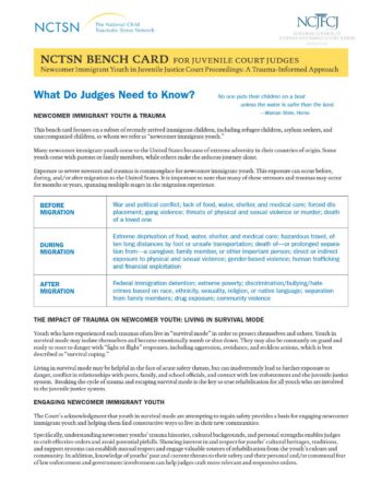 A Trauma-Informed Approach to Judicial Decision-Making for Newcomer Immigrant Youth in Juvenile Justice Proceedings: Benchcard for Juvenile Court Judges